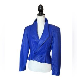 90s Ladies Blue Leather Cropped Fantail Moto Jacket
